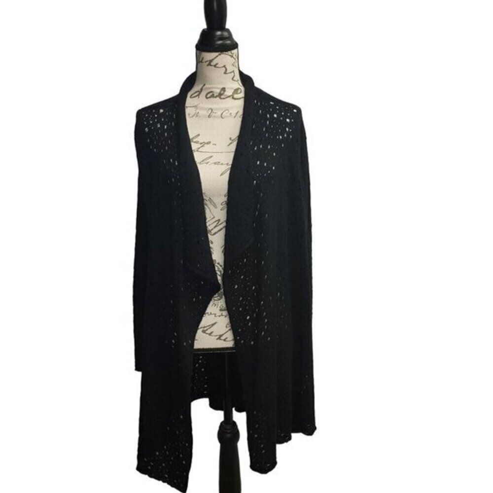 Eileen Fisher Loose Knit Wool Open Front Black Sweater Womens Size‎ L Pre-Owned